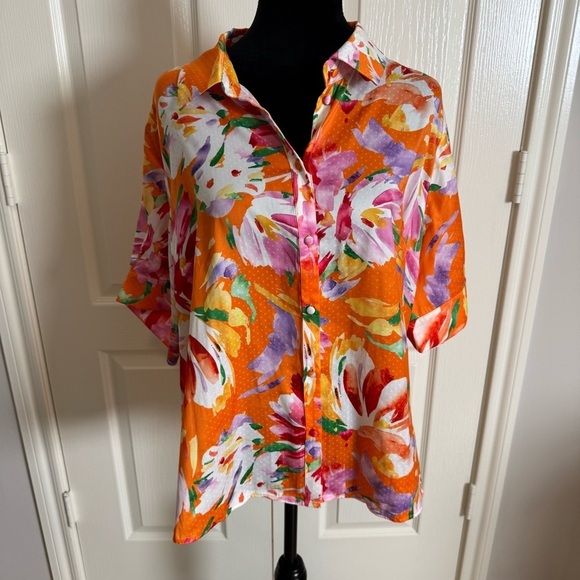 Belldini Tops - BELLDINI Bright Colorful Floral Short Sleeve Silky Satin Top Size 1x NWOT